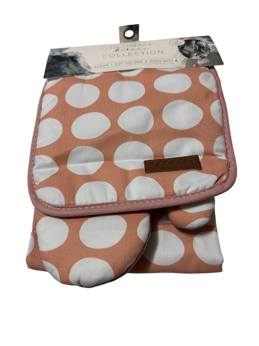 NEW Eco One Kitchen 3-Pc Bakers Set Apron Pot Holder Oven Mitt Peach Polka Dot